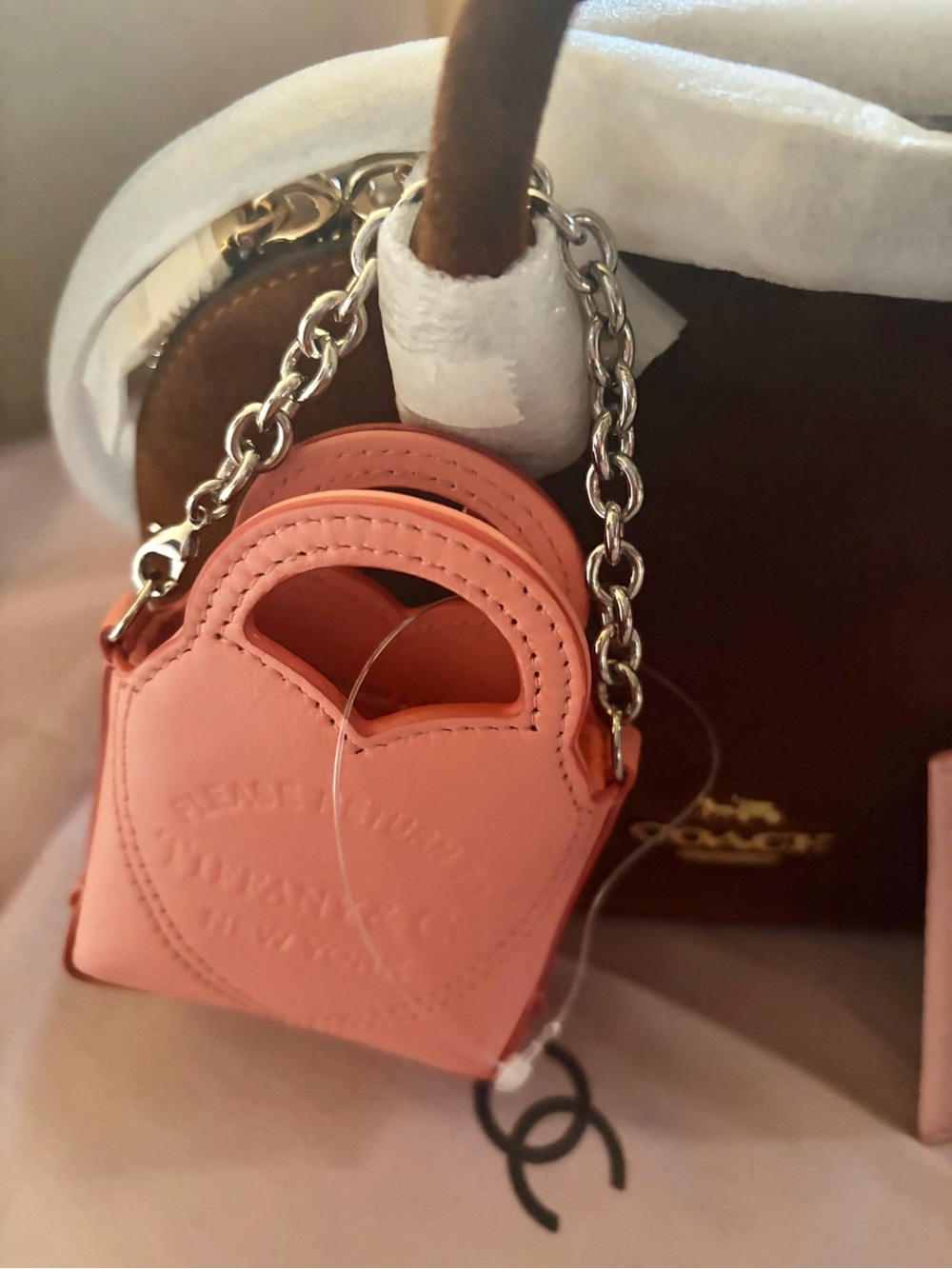 Coach Lara Mini Suede Satchel with Tiffany&Co Pink Leather Card Holder & Charm - Picture 4 of 10